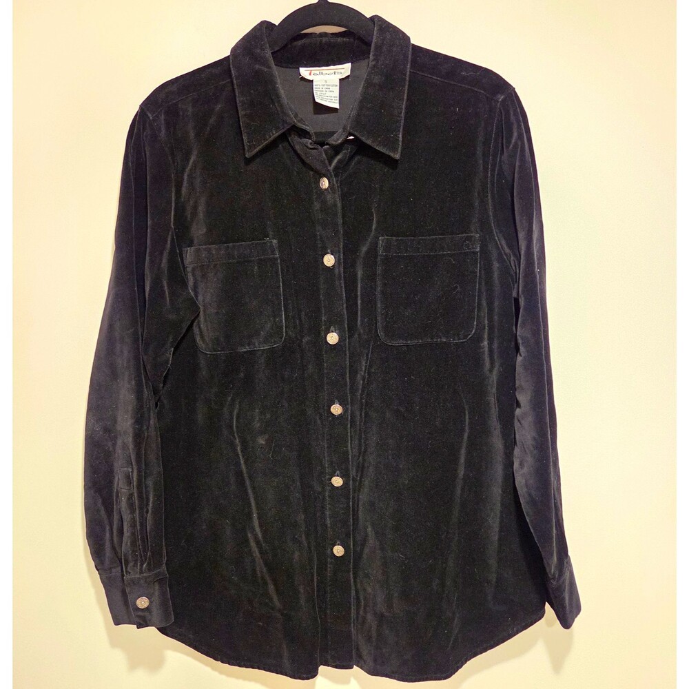 Vintage Talbots Black Velvet Cotton Button-Up Shirt Womens Whimsygoth 90s 80s